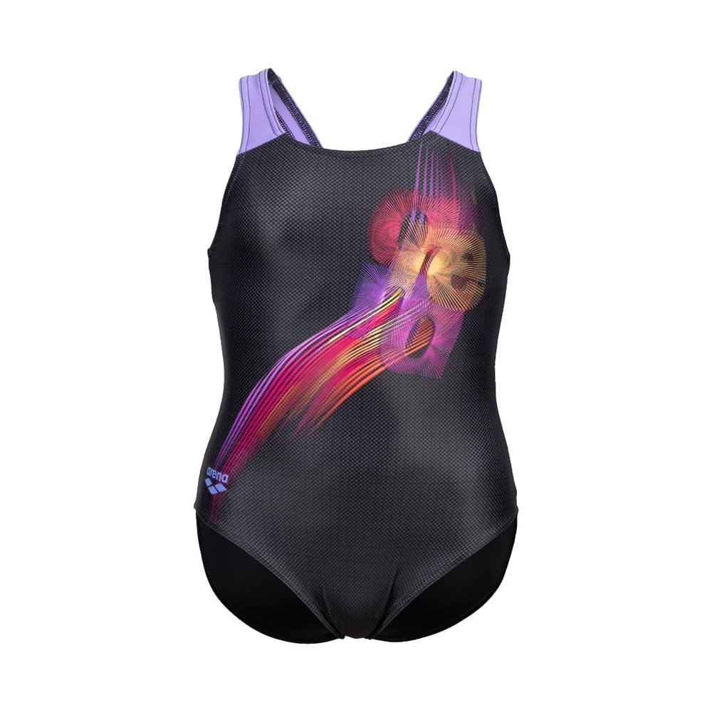 ARENA Feel Girls' Parrot V Back Swimsuit Waterfeel Comfortable One Piece Suit Pool or Beach, US Size 5Y/22, Black/Dark Lavanda