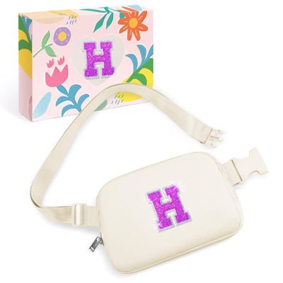 COSHAYSOO Initial Letter Fanny Pack for Girls Personalized Christmas Birthday Gifts for 6 7 8 9 10 11 12 Year Old Teen Girl, Girly Fashion Crossbody Purse Belt Bag Preteen Tween Trendy Stuff Ivory H