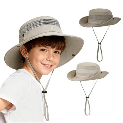 Durio 2-Pack Kids Sun Hat - UPF 50+ Wide Brim Sun Protection Bucket Hat for Boys Girls, Breathable Adjustable Outdoor Hats Dark Khaki & Light Beige 5-13 Years