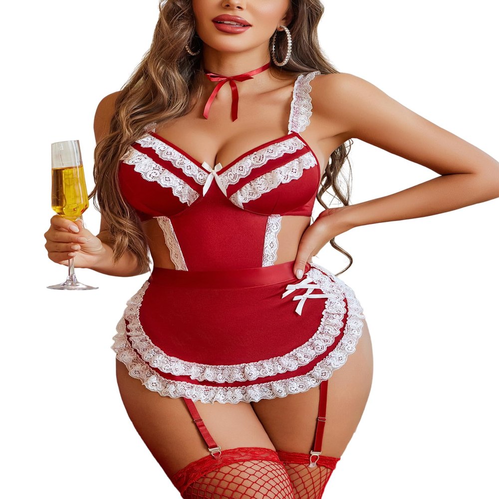 Avidlove Halloween Costume for Women Lace Babydoll Lingerie Strap Chemise V Neck Sleepwear Dark Red X-Large