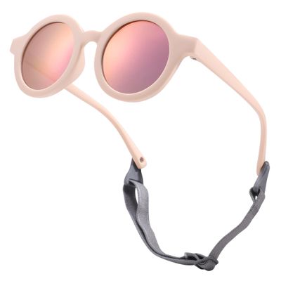 Hycredi Bendable Round Baby Polarized Sunglasses Flexible with Strap for Newborn Infant Toddlers Age 0-24 Month-Light Pink -pink
