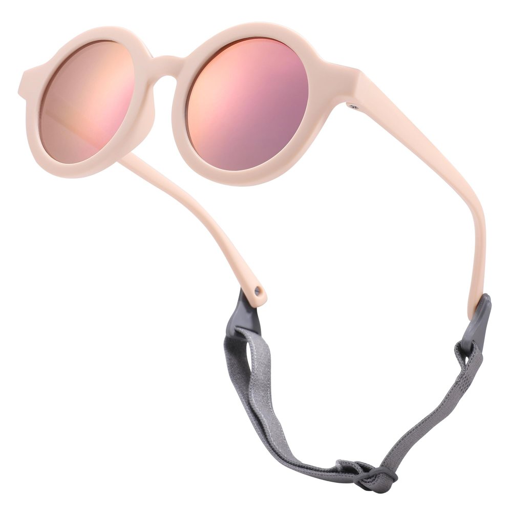 Hycredi Bendable Round Baby Polarized Sunglasses Flexible with Strap for Newborn Infant Toddlers Age 0-24 Month-Light Pink -pink