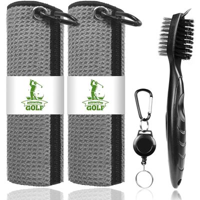 ATTRACTIVE Golf Towels, Microfiber Waffle Pattern Towels - Golf Club Brush with Cleaning (2 Gray Towel+Black Brush)