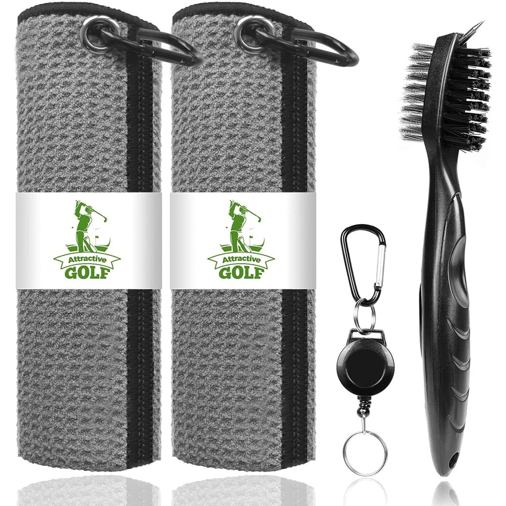 ATTRACTIVE Golf Towels, Microfiber Waffle Pattern Towels - Golf Club Brush with Cleaning (2 Gray Towel+Black Brush)