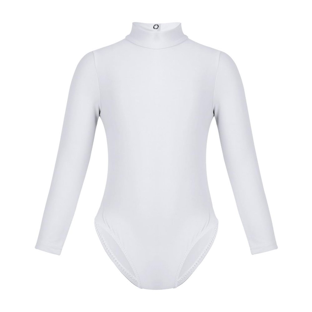 YOOJOO Kids Girls Basic Turtleneck Long Sleeve Leotard Gymnastics Ballet Dancewear for Toddler White 5-6 Years