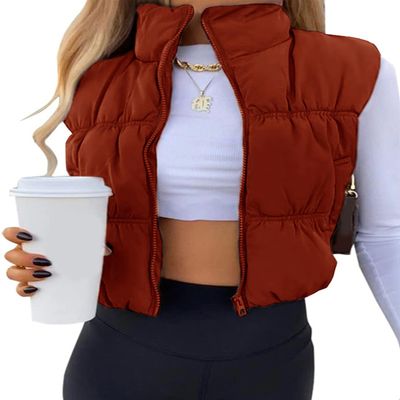 Athlisan Womens Cropped Puffer Vest Zip Up Stand Collar Lightweight Sleeveless Padded Gilet with Pockets(Red-M)