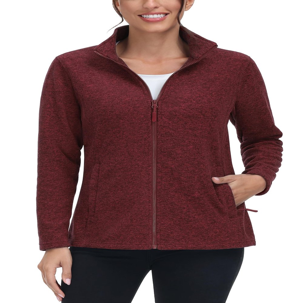 TACVASEN Zip Up Jacket Women Fleece Thermal Light Polar Full Zip Jackets No Hood Fall Coat with Pockets Wine Red XXL