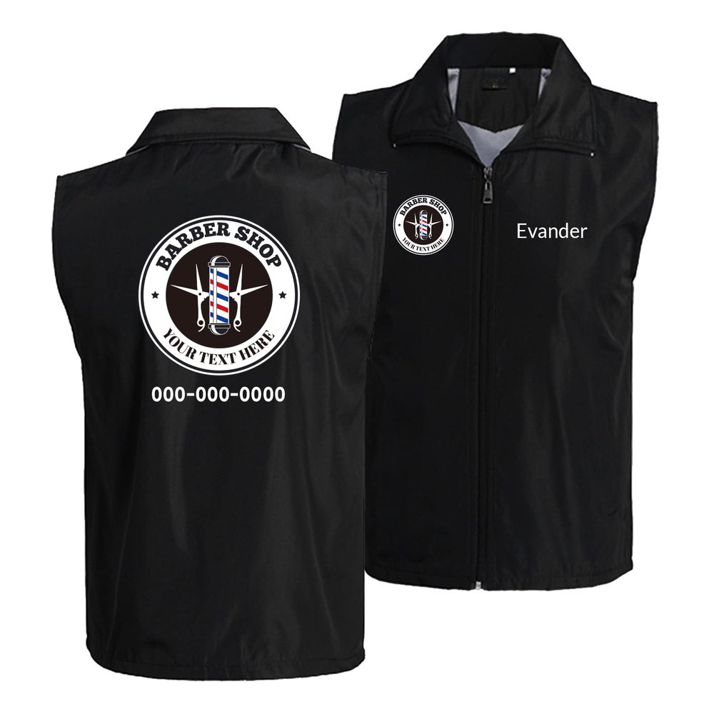 Men's Custom Barber Vest Personalized Barbershop Logo Workwear, Barber Name Jacket, Salon Hairstylist Uniform, Polyester, Zipper, Black
