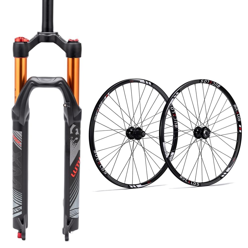 BUCKLOS 26" QR 9 * 100mm MTB Air Suspension Fork Damping Adjust Travel 120mm Manual Lock Bike Forks, Gas Shock XC Bike& Disc Brake 32H, Aluminum Alloy Rim Black Bike Wheel, fit 7-11 Speed Cassette