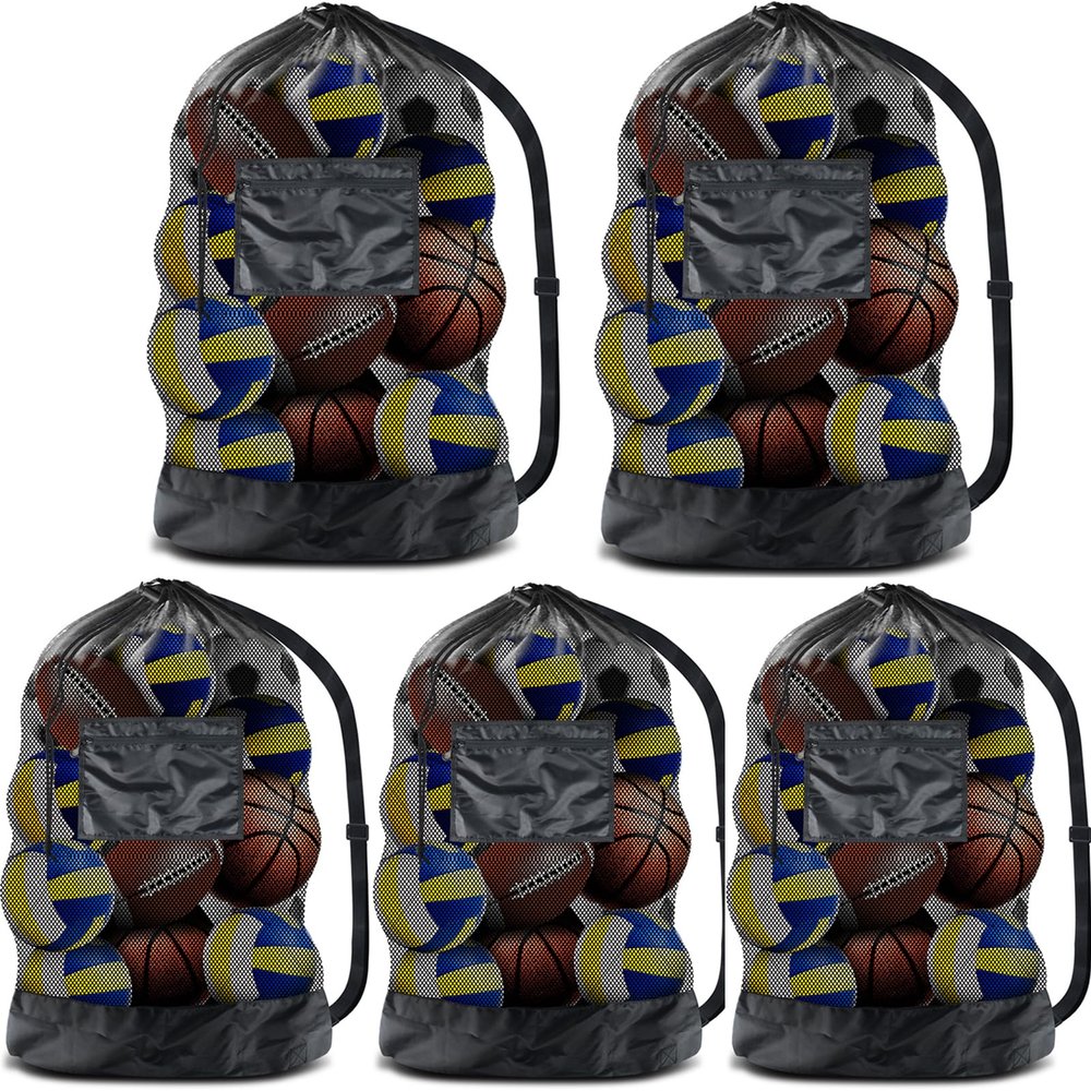 BROTOU Extra Large Sports Ball Bag Mesh, 5PCS Soccer Ball Bag Heavy Duty Drawstring Bags, Team Work for Holding Basketball, Volleyball, Baseball, Swimming Gear with Shoulder Strap (30"x40")