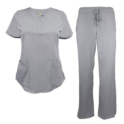 ACTIVE UNIFORMS Women's Scrub Set Stretch and Ultra Soft Y-Neck Medical Scrub Top and Pants (Grey, Medium)