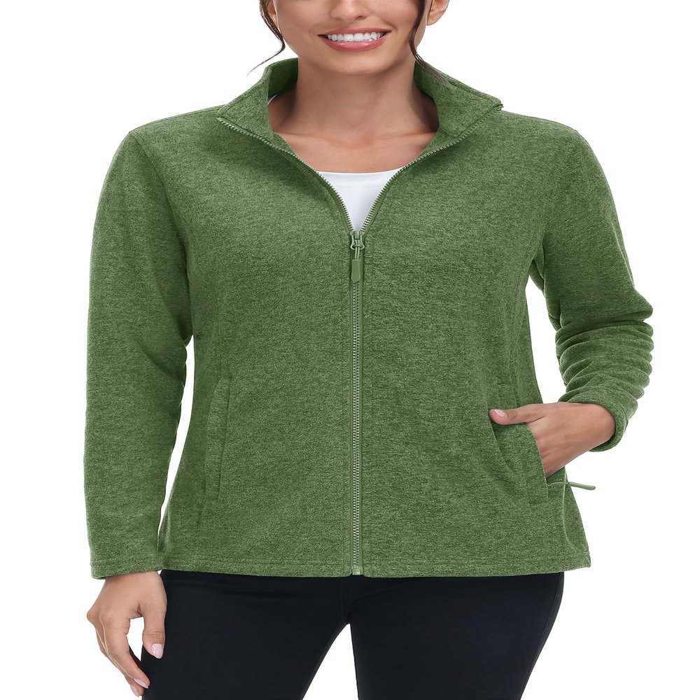 TACVASEN Zip Up Jacket Women Fleece Thermal Light Polar Full Zip Jackets No Hood Fall Coat with Pockets Army Green XXL