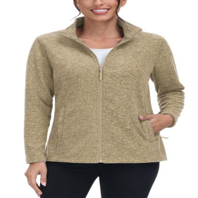 TACVASEN Zip Up Jacket Women Fleece Thermal Light Polar Full Zip Jackets No Hood Fall Coat with Pockets Khaki XXL