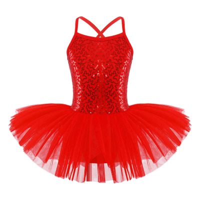 Alvivi Kids Girls Glitter Sequined Camisole Leotard Ballet Tutu Dress Ballerina Dance wear Costumes Red 3-4 Years