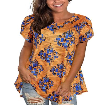 Afibi Womens Print Shirt African Dashiki Short Sleeve V Neck Loose Tunic Tops (XX-Large, Golden Blue)