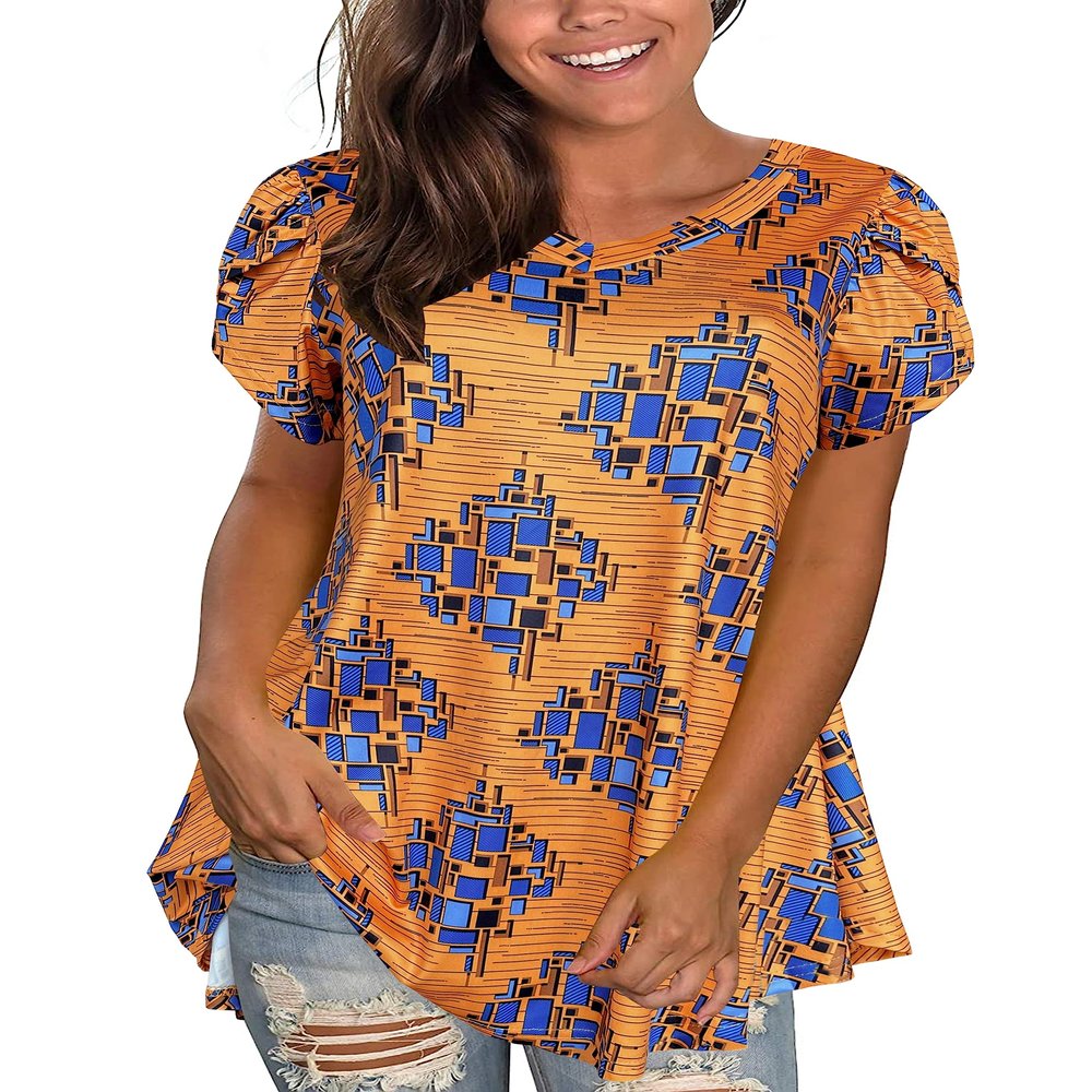 Afibi Womens Print Shirt African Dashiki Short Sleeve V Neck Loose Tunic Tops (XX-Large, Golden Blue)