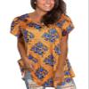 Afibi Womens Print Shirt African Dashiki Short Sleeve V Neck Loose Tunic Tops (XX-Large, Golden Blue) view 3