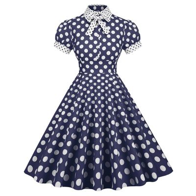 1950 Style Dresses for Women Short Sleeve Lapel Collar Polka Dot Dress for Women Buttons Vintage Cocktail Swing Dress Rockabilly Evening School Dance Party Prom Gown Cocktail Dresses Navy Blue B S