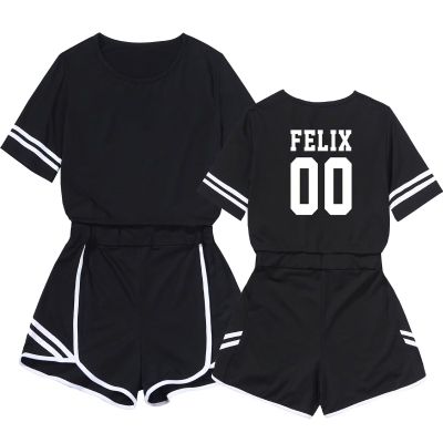 DHSPKN Skz Merch Tshirt Support Crop Top T-Shirts + Hot Pants Set Jisung Felix Minho Changbin Tee Unisex Crop Tops Felix00 L
