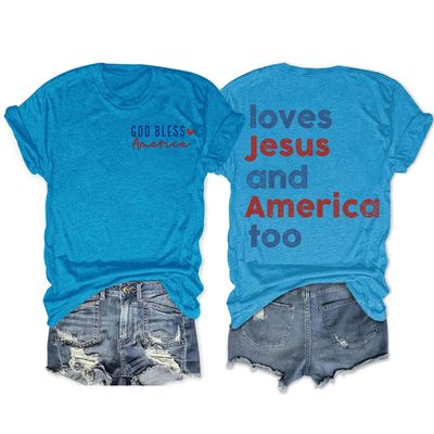 She's a Good Girl Loves Jesus and America Too T-Shirt God Bless America Shirt Women T Shirt O-Neck Independence Day Stylish Top Shirts Loves Jesus and America Too Tank 4th of July Sky