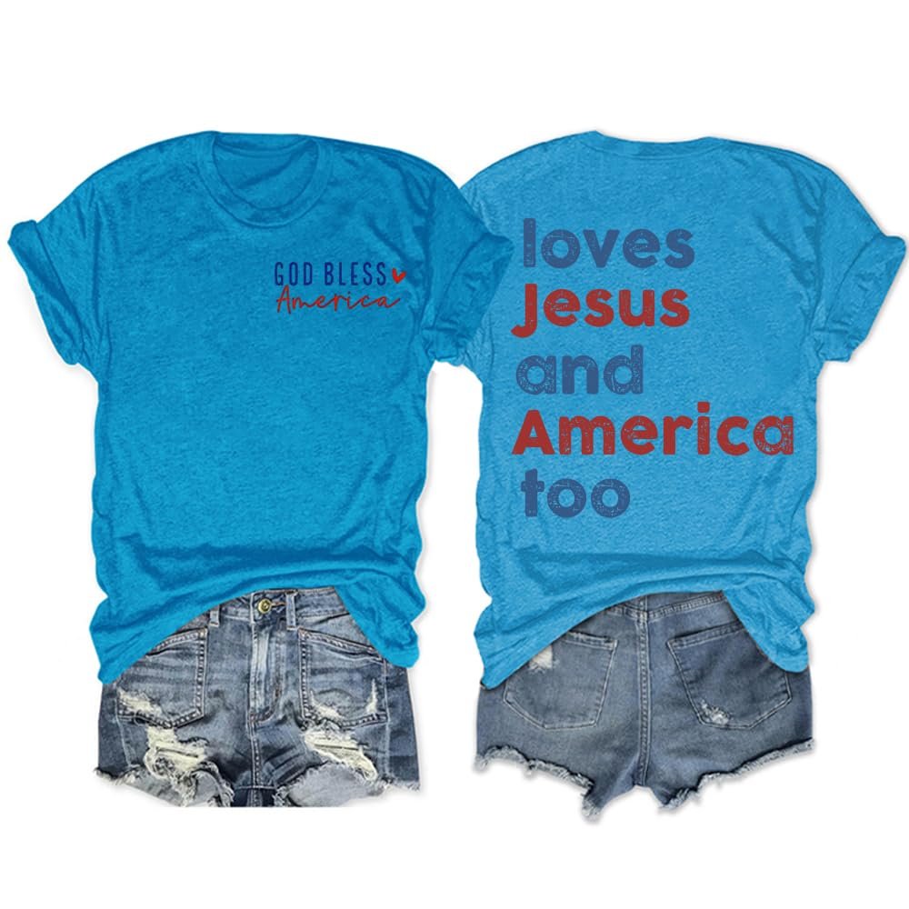 She's a Good Girl Loves Jesus and America Too T-Shirt God Bless America Shirt Women T Shirt O-Neck Independence Day Stylish Top Shirts Loves Jesus and America Too Tank 4th of July Sky