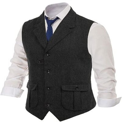Herringbone Tweed Men Dress Vest,Notched Lapel,Single Breasted Business Waistcoat,Casual Vest,for Wedding,Dating,Dinner (Color : Black, Size : XXX-Large)