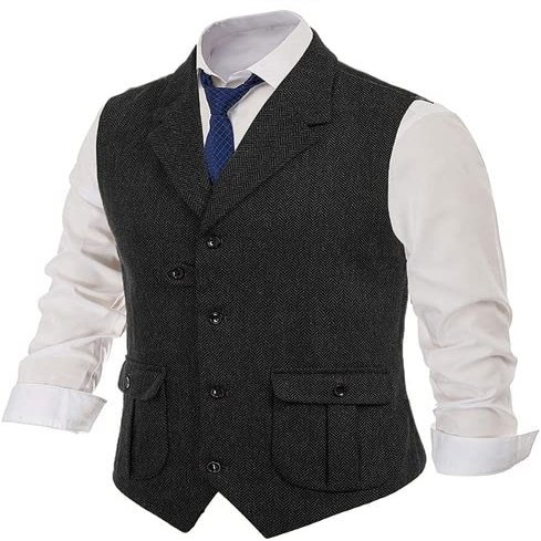 Herringbone Tweed Men Dress Vest,Notched Lapel,Single Breasted Business Waistcoat,Casual Vest,for Wedding,Dating,Dinner (Color : Black, Size : XXX-Large)