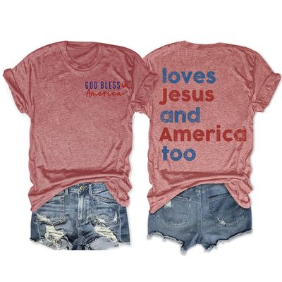 Loves Jesus and America Too T-Shirt God Bless America Shirt Patriotic 4th of July Independence Day Tops She's a Good Girl Loves Jesus and America Too Tank Top God Bless USA Tshirt Dusty Rose