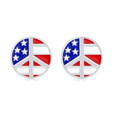925 Sterling Silver 4th of July USA Flag Earrings Studs for Cowgirl Hat Round Peace Sign Eagle American Flag Stud Earrings for Women Red White Blue Ear Studs Independence Day Patriotic Jewelry Gifts (Peace Sign Flag Earrings)