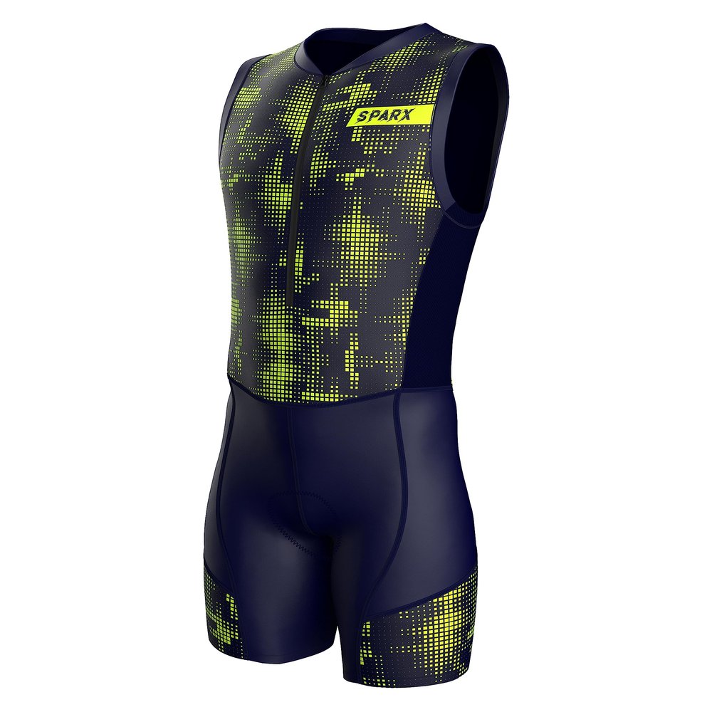 Sparx Men`s Triathlon Suit Trisuit Race Skinsuit Cycling Speed Suit Italian Fabric Swimskin (Green Cubes, Small)