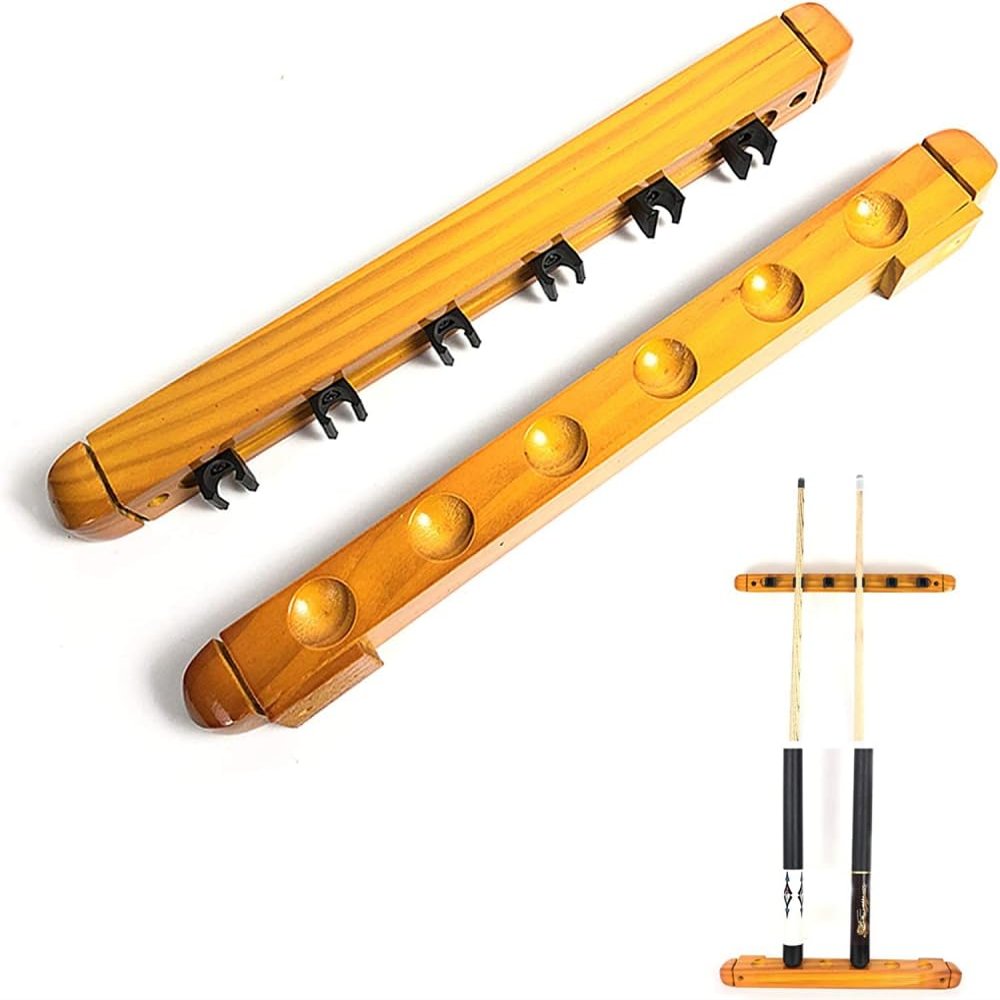 BAZAC Billiard Stick Stand, Wood Pool Cue Rack Stick Holder Holds 6 Cues, Wall Mounting, 2 Pieces, Small Volume, Portable