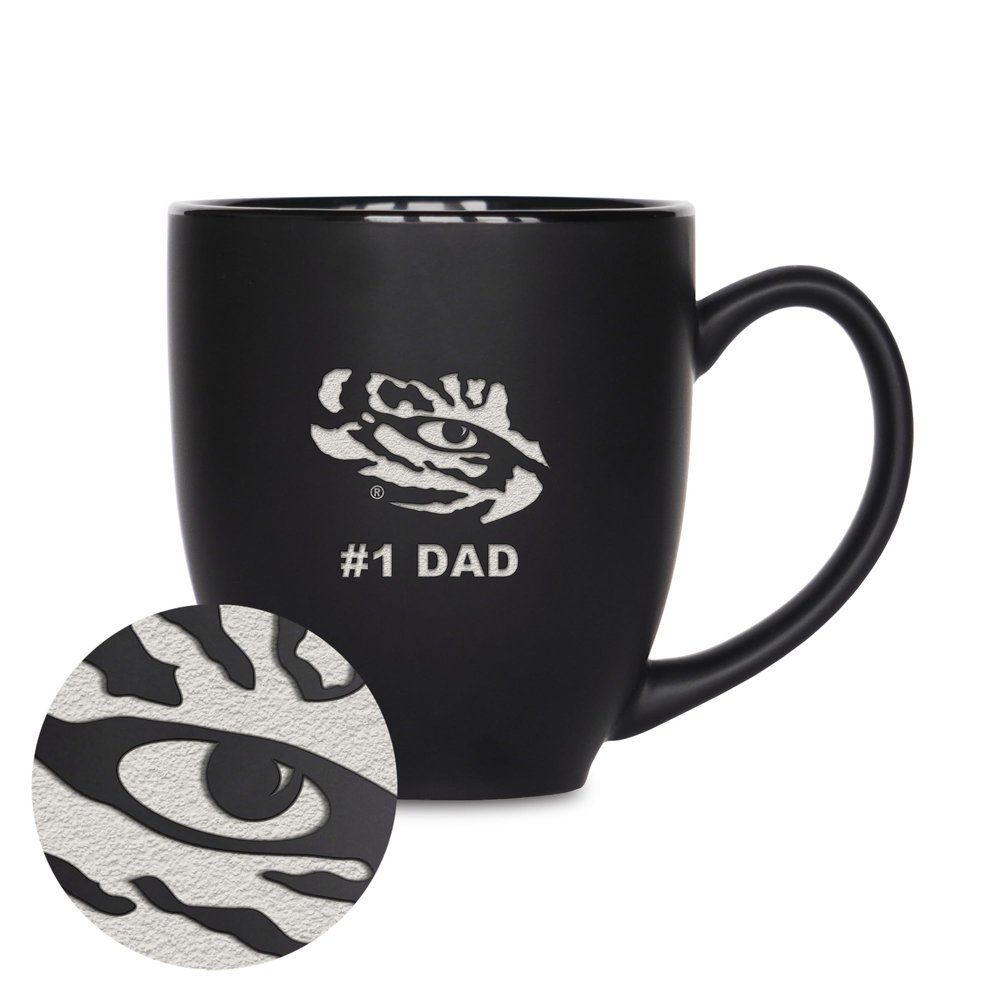 Rico Industries NCAA LSU Tigers #1 Dad 15oz Laser Engraved Matte Black Ceramic Bistro Mug - for Hot or Cold Drinks