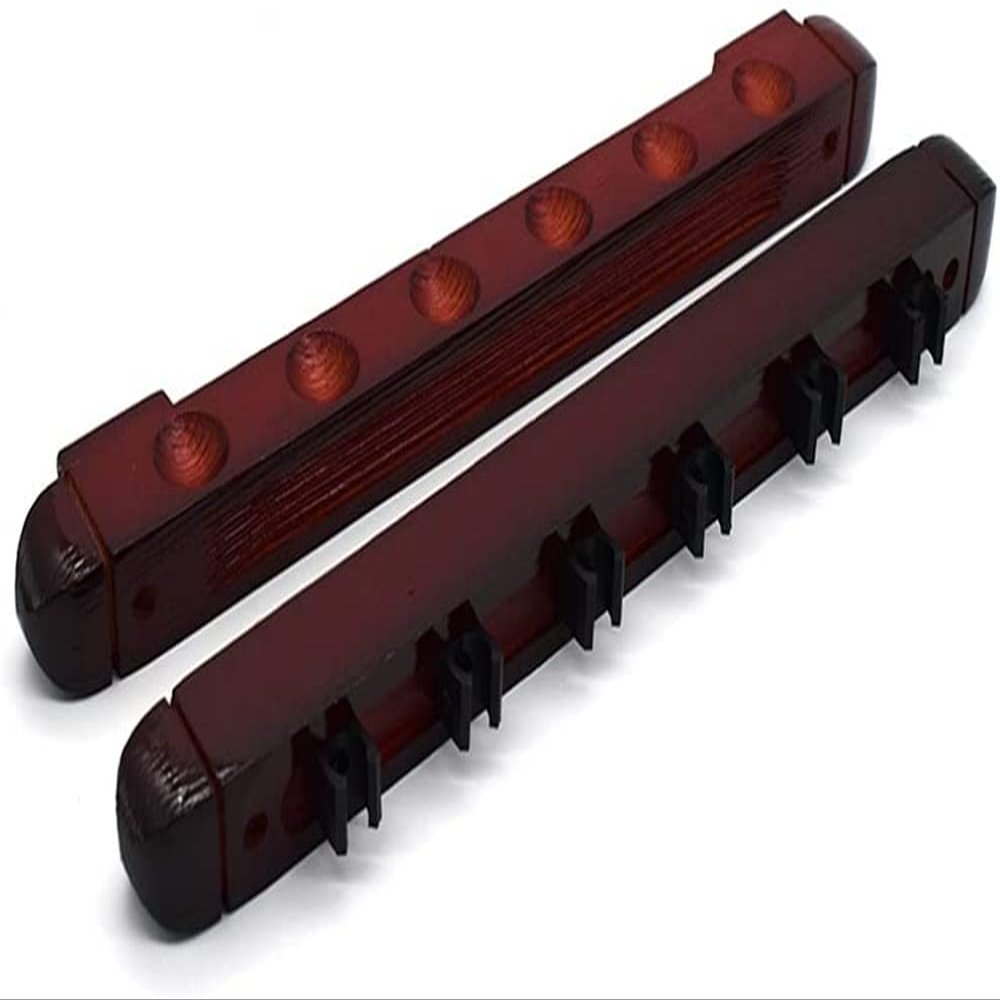 BAZAC Wall Mount Pool Cue Stick Holder, 6 Holes Pool Stick Rack,Band 6 Cue Stick Holder Clips,Wood Color/Red Wine Snooker Pool Billiards Accessories-Wood Color-Red Wine