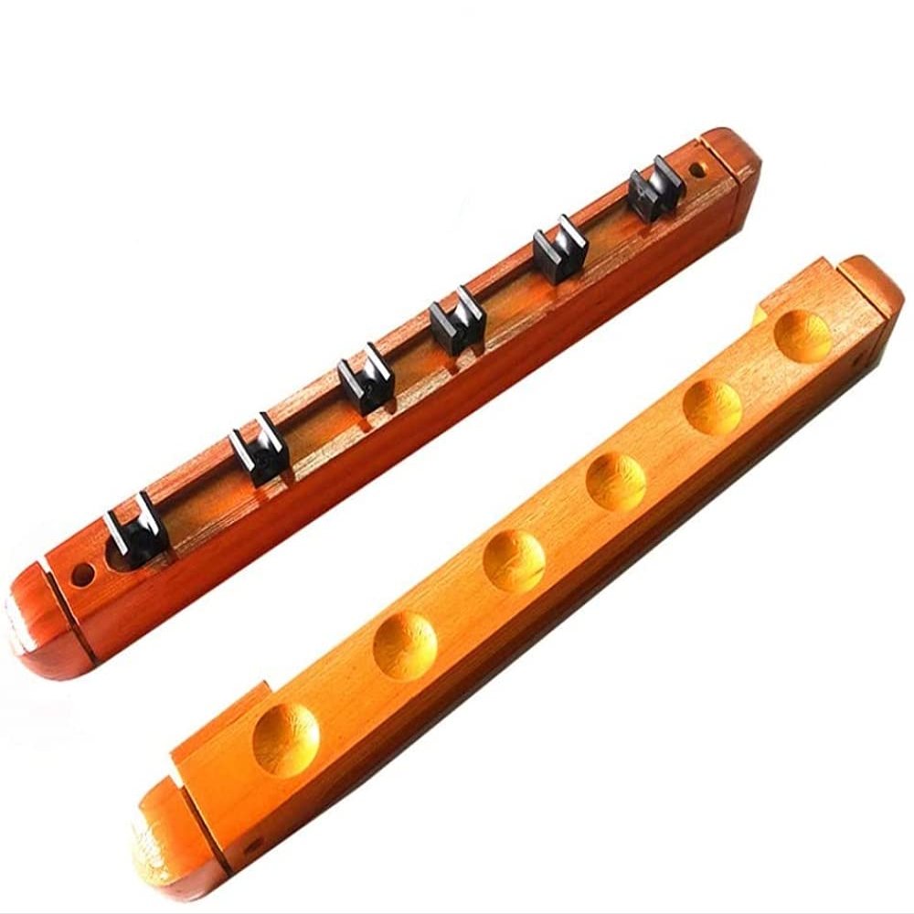 BAZAC Wall Mount Pool Cue Stick Holder, 6 Holes Pool Stick Rack,Band 6 Cue Stick Holder Clips,Wood Color/Red Wine Snooker Pool Billiards Accessories-Wood Color-Wood Color