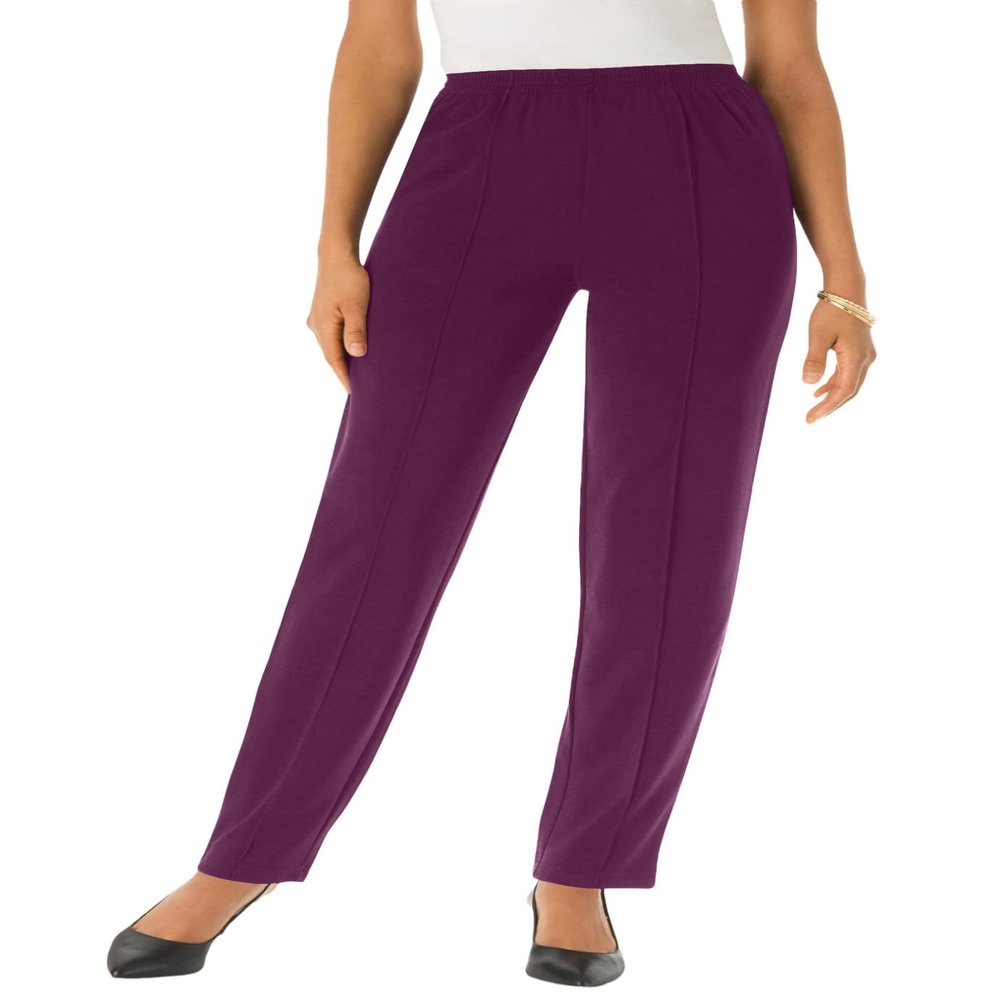 Roaman's Women's Plus Size Crease Front Knit Pant - 24 W, Dark Berry