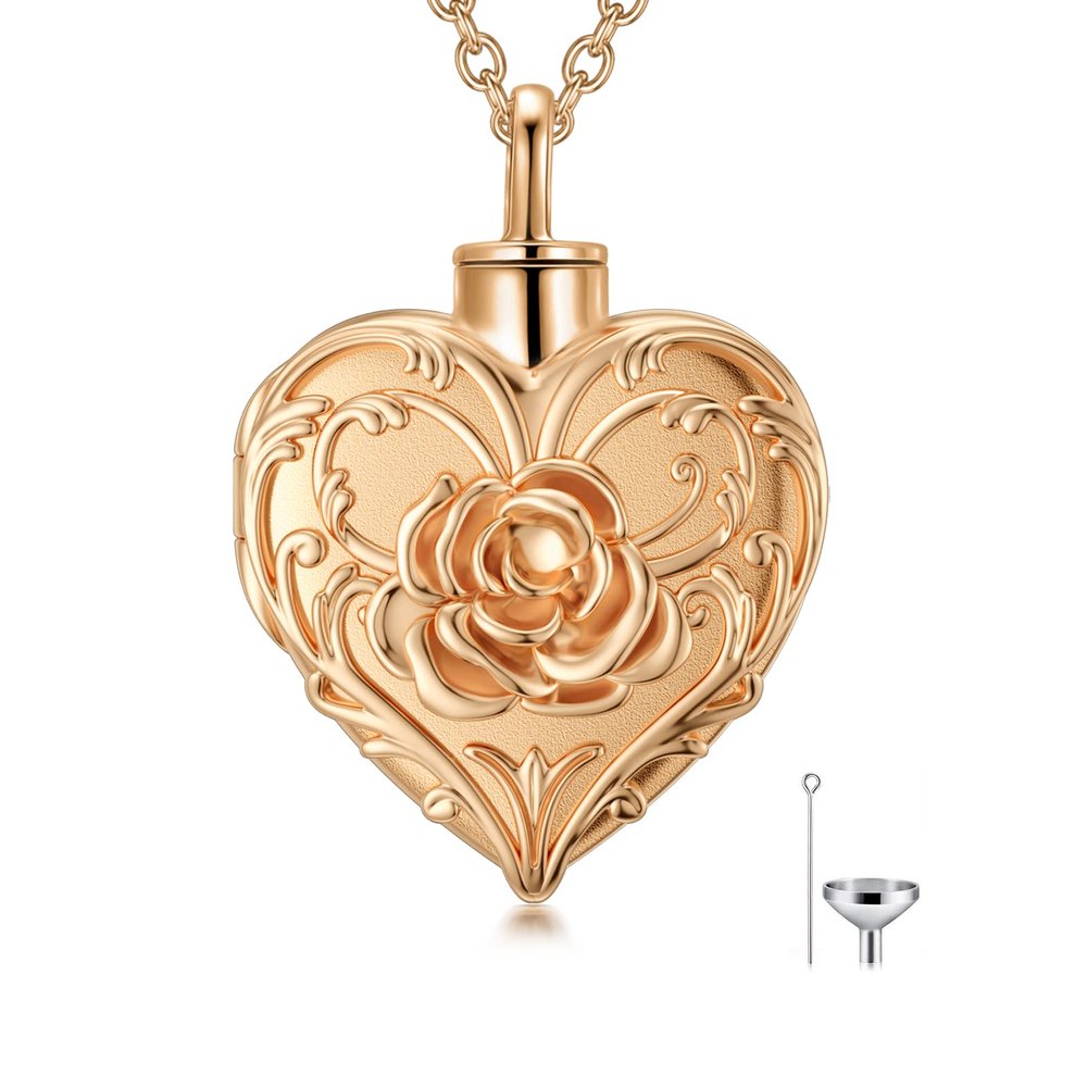 SOULMEET 18K Rose Gold Plated Flower Rose Cremation Jewelry for Ashes, Heart Rose Urn Necklace That Holds Human Dog Ashes Necklace Gift
