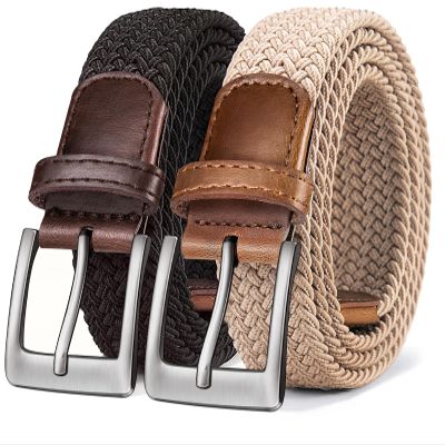 BULLIANT Belt for Men 2Pack,Mens Gift Stretch Braided Web Belt Elastic for Casual Golf Jeans,1 3/8"(Black/Beige,52"-56" Waist Adjustable)