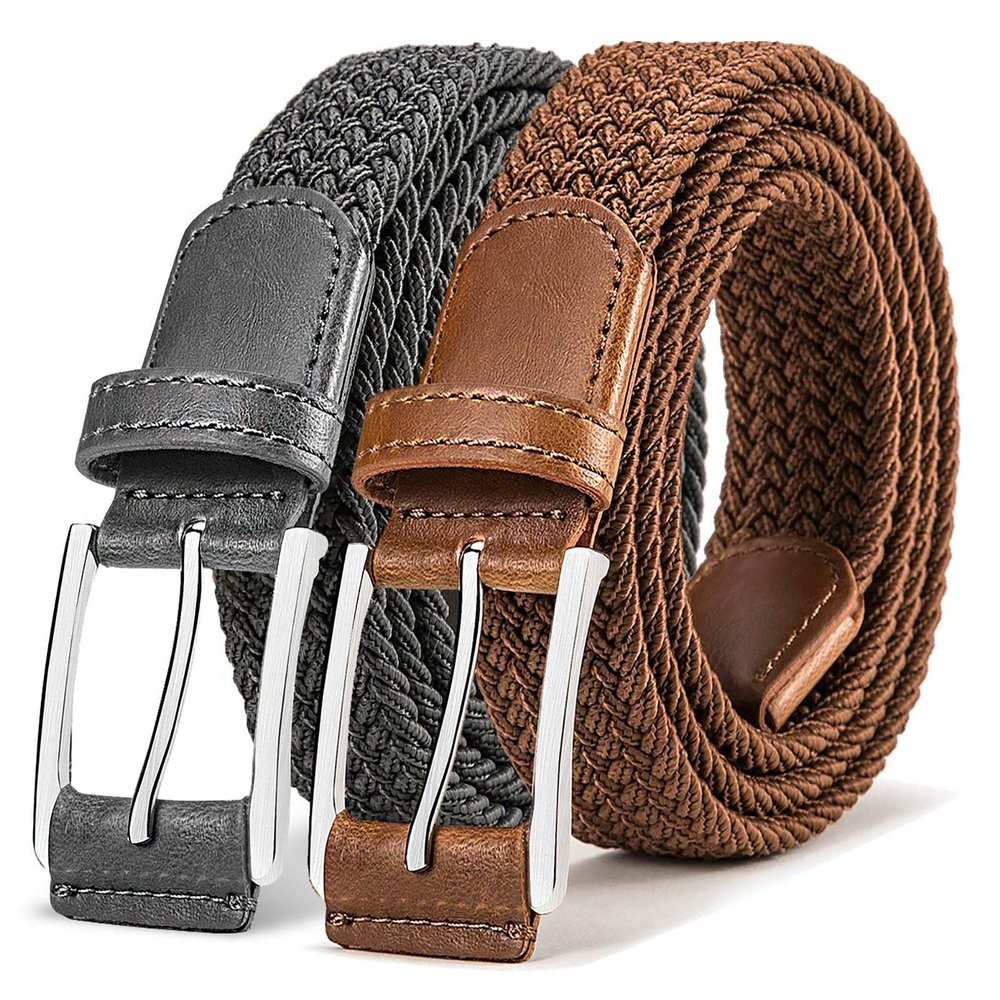 BULLIANT Belt for Men 2Pack,Mens Gift Stretch Braided Web Belt Elastic for Casual Golf Jeans,1 3/8"(Dark Gray/Brown,38"-42" Waist Adjustable)