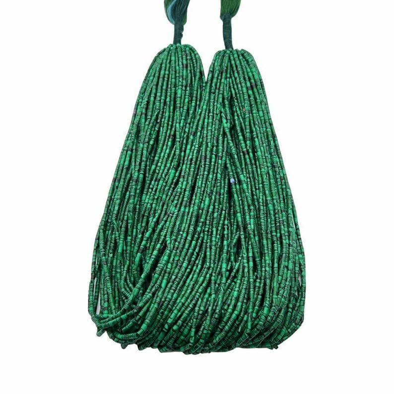 5 Strands of Afghan Tiny Seed Small Heishi Green Malachite Stone Strand 2.2 mm. Spacer Tube Cylinder Beads Jewelry Making Supply Gemstone
