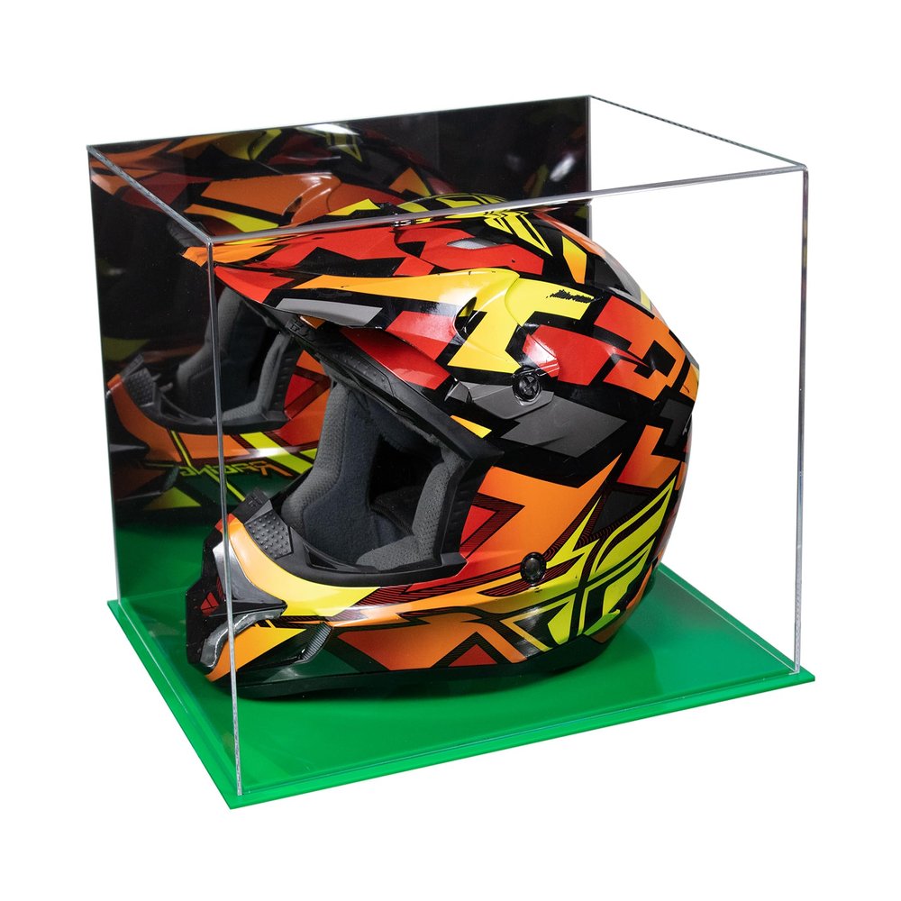 Better Display Cases Acrylic Motorcycle Motocross or Racing Helmet Display Case with Mirror Case and Green Base - 16" x 13" x 12" (A024-B/V61B)