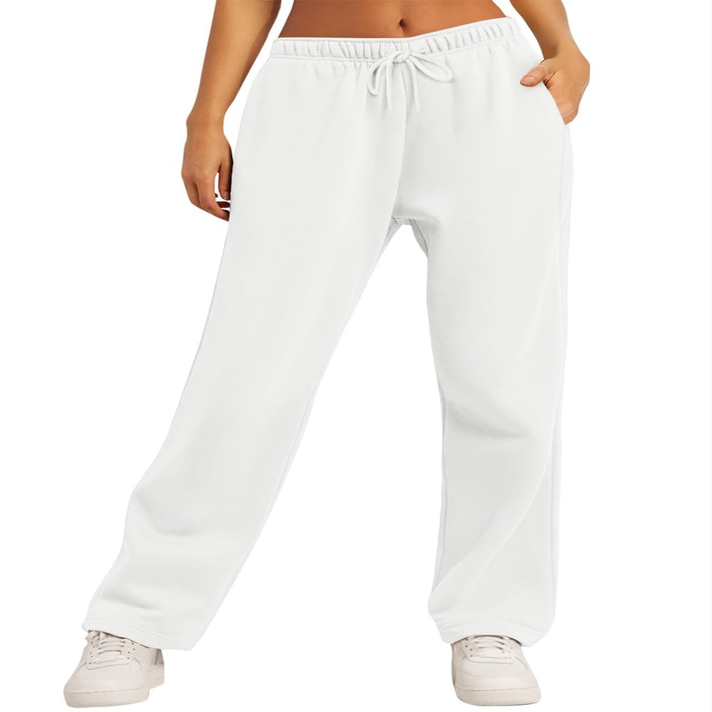 AUTOMET Women's Wide Leg Sweatpants Fleece Lined Baggy Straight Leg Lounge Pants Fall Outfits Athletic Joggers with Pockets White M