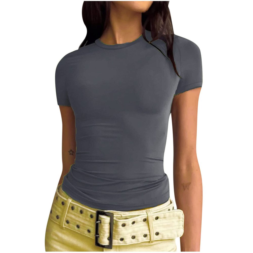 Women's Stretchy Basic Tshirts Tops Summer Crewneck Slim Fit Blouses Short Sleeve Cute Clothes Y2K Tops Dark Gray