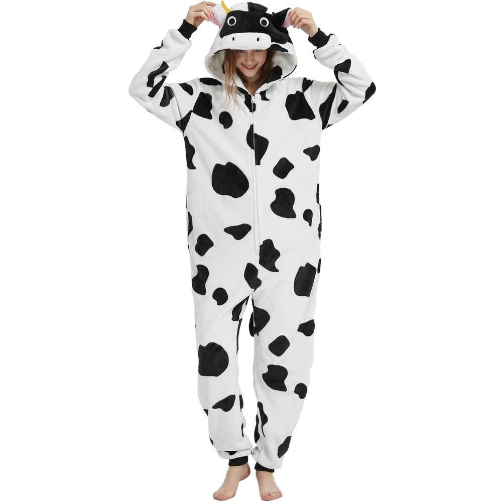 Yemnut Snug Fit Adult Unisex Cow Onesie Cosplay CostumeOne Piece Pajama Halloween Homewear Suit for Women and Men (X-Large, Cow)