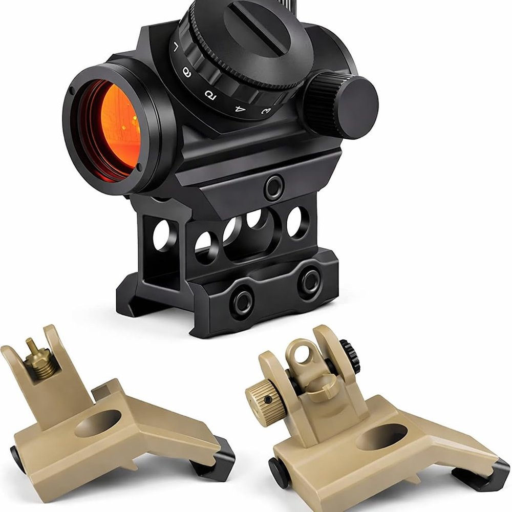 45 Degree Offset Flip Up Sight | Low Profile Design Rapid Transition Front and Rear flip up Sights with 1x25mm 2MOA Red Dot Sight with 1 Inch 20mm Riser Mount