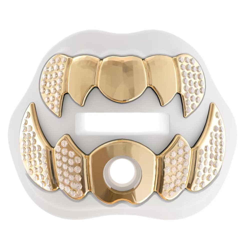 LeCool Football Mouth Guard with Connected Strap- 3D Beast Chrome Adult and Youth Mouth Guard-Mouth Piece for Sports for Maximum Air Flow and Teeth Protection (White, with Diamonds)