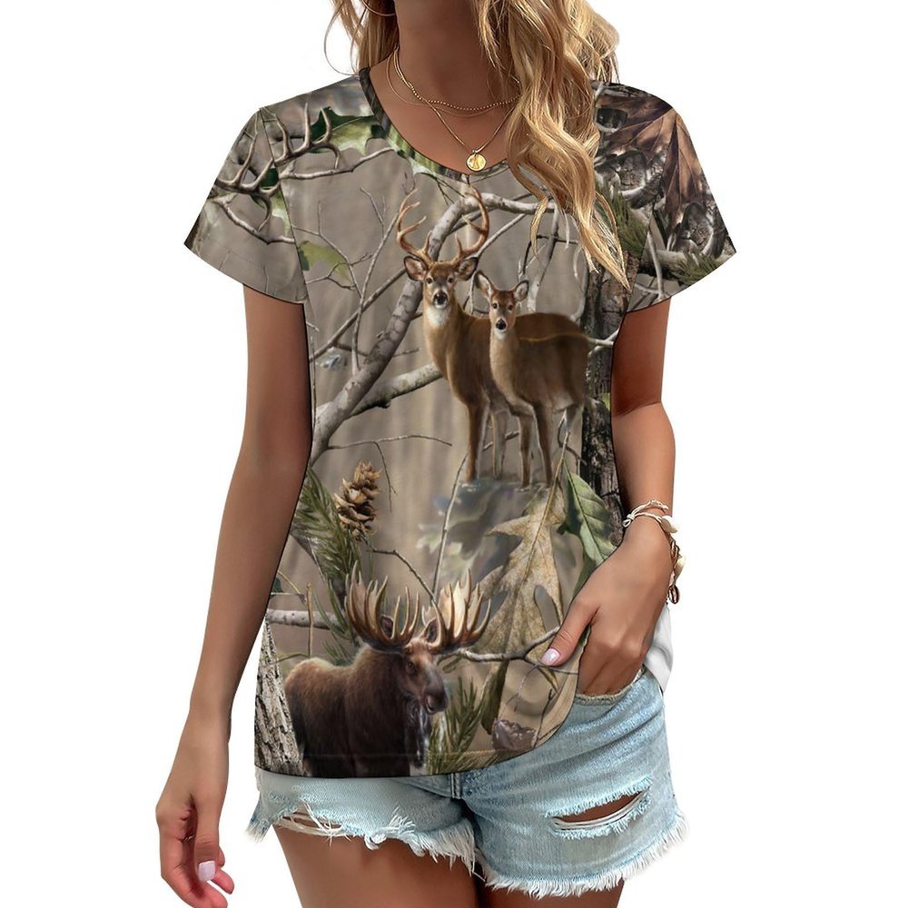 Camo Deer Camouflage Hunting Womens V Neck T Shirts Cute Graphic Short Sleeve Casual Tee Tops M