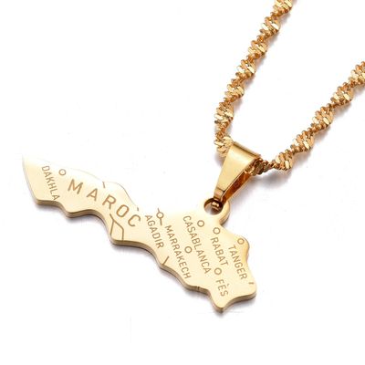 Huangshanshan Morocco Map Pendant Necklaces for Women Men Ethnic Jewelry Stainless Steel Le Royaume du Maroc (gold)