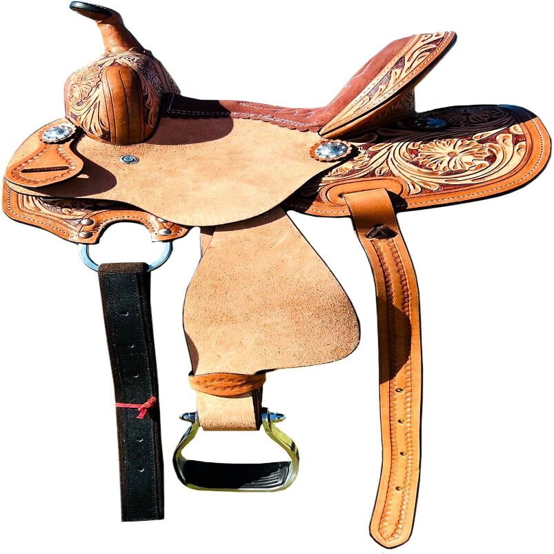 8" 10" 11" 12" 13" Western Kids Horse Barrel Saddle for Horse Riding, Floral Tooled Saddle with Silver Conchos ME-WLS-223E (11" Seat)