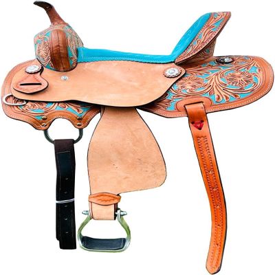8" 10" 11" 12" 13" Western Kids Horse Barrel Saddle for Horse Riding, Floral Tooled Saddle with Silver Conchos ME-WLS-223F (12" Seat)