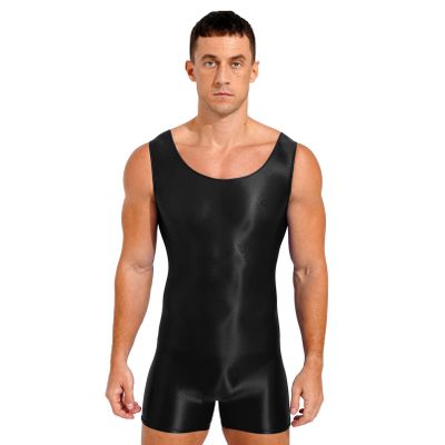 Linjinx Men's Oil Glossy Soft Elastic Shapewear Sleeveless Tights Leotard Underwear Singlet Jumpsuit Tank Unitard Black C Large